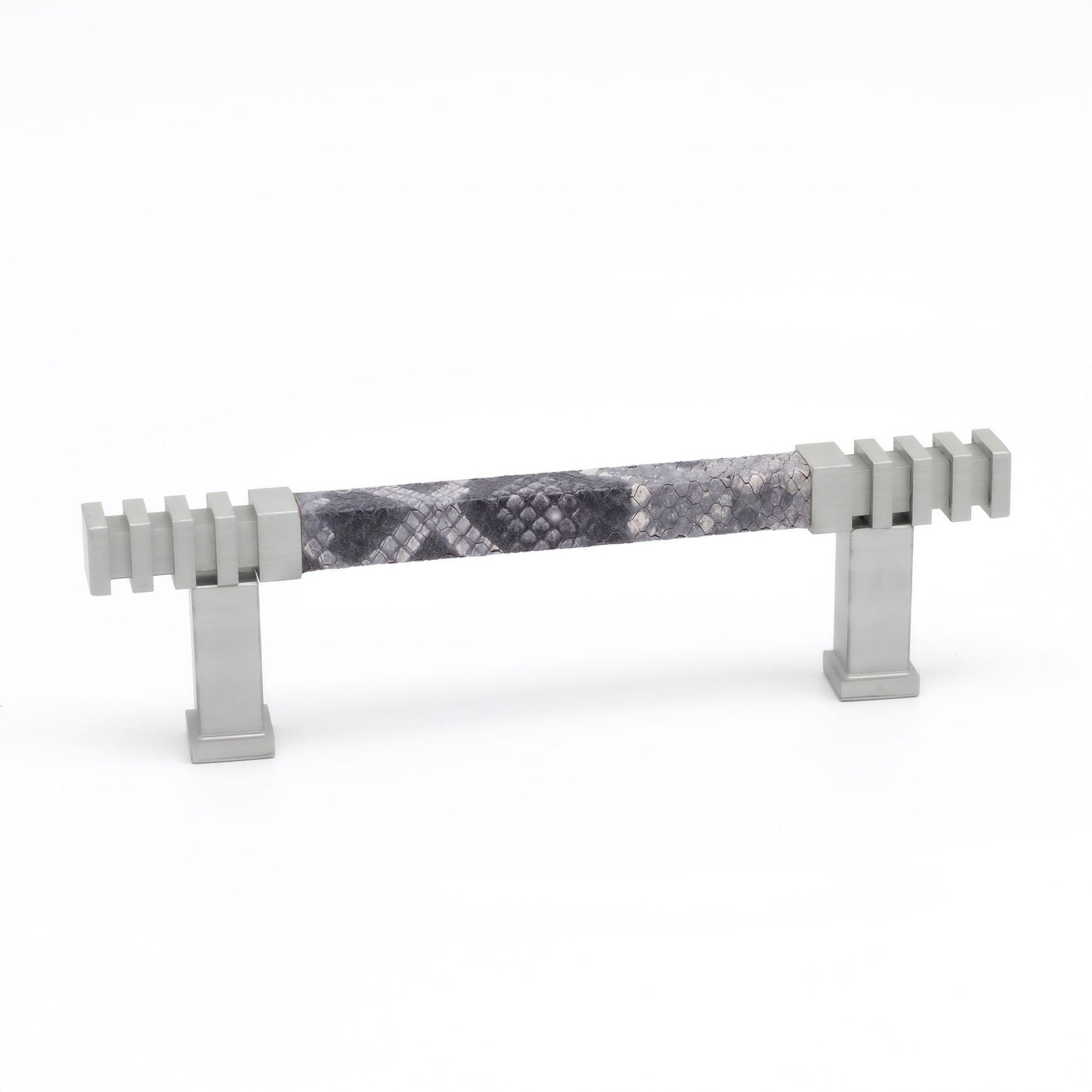 Handcrafted Adelina Pull by Di Lusso with satin finish and grey snake leather, luxury hardware made in the USA, featuring a unique grooved design, perfect for cabinets and drawers.