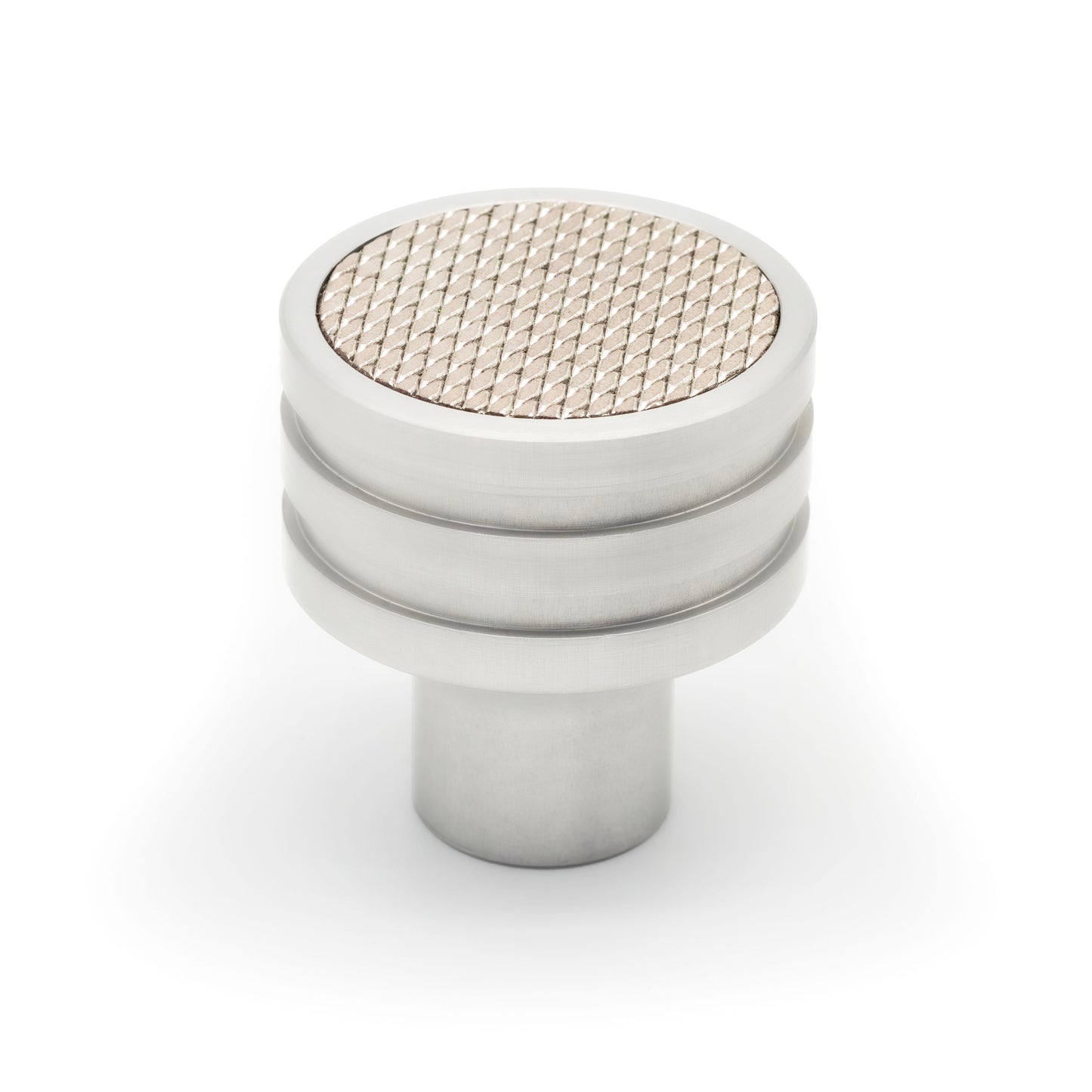 Handcrafted Di Lusso Insert knob with satin finish and Bardo Silver Leather, luxury hardware made in the USA, perfect for cabinets, drawers, and wardrobes, ideal for classic and contemporary interiors.