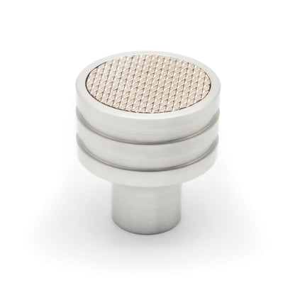 Handcrafted Di Lusso Insert knob with satin finish and Bardo Silver Leather, luxury hardware made in the USA, perfect for cabinets, drawers, and wardrobes, ideal for classic and contemporary interiors.