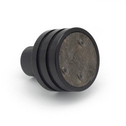 Handcrafted Di Lusso Inset knob with black finish and Bronze Metallic Ostrich Leather, luxury hardware made in the USA, perfect for cabinets, drawers, and wardrobes, ideal for contemporary, Art Deco, industrial, and eclectic interiors.