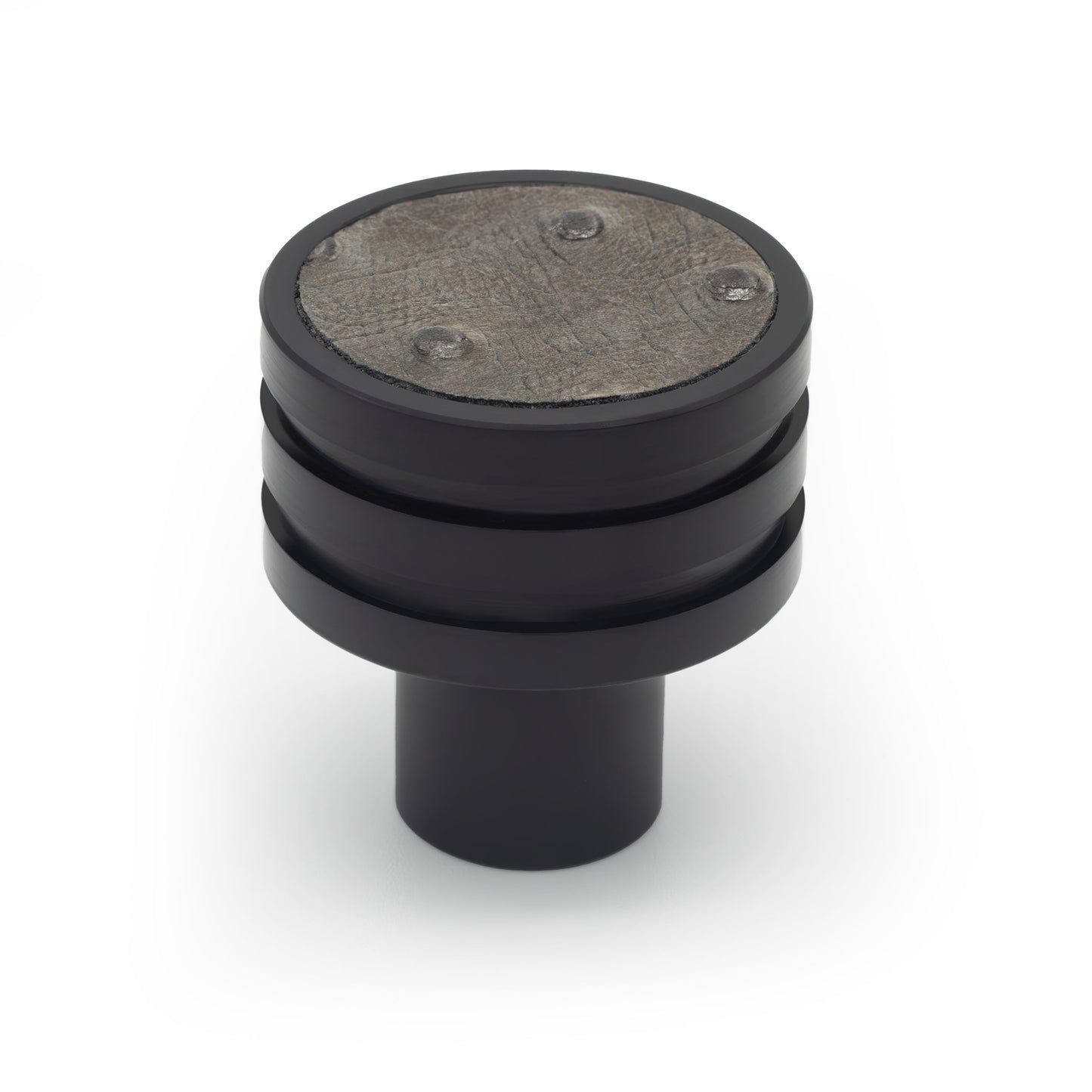 Handcrafted Di Lusso Inset knob with black finish and Bronze Metallic Ostrich Leather, luxury hardware made in the USA, perfect for cabinets, drawers, and wardrobes, ideal for contemporary, Art Deco, industrial, and eclectic interiors.