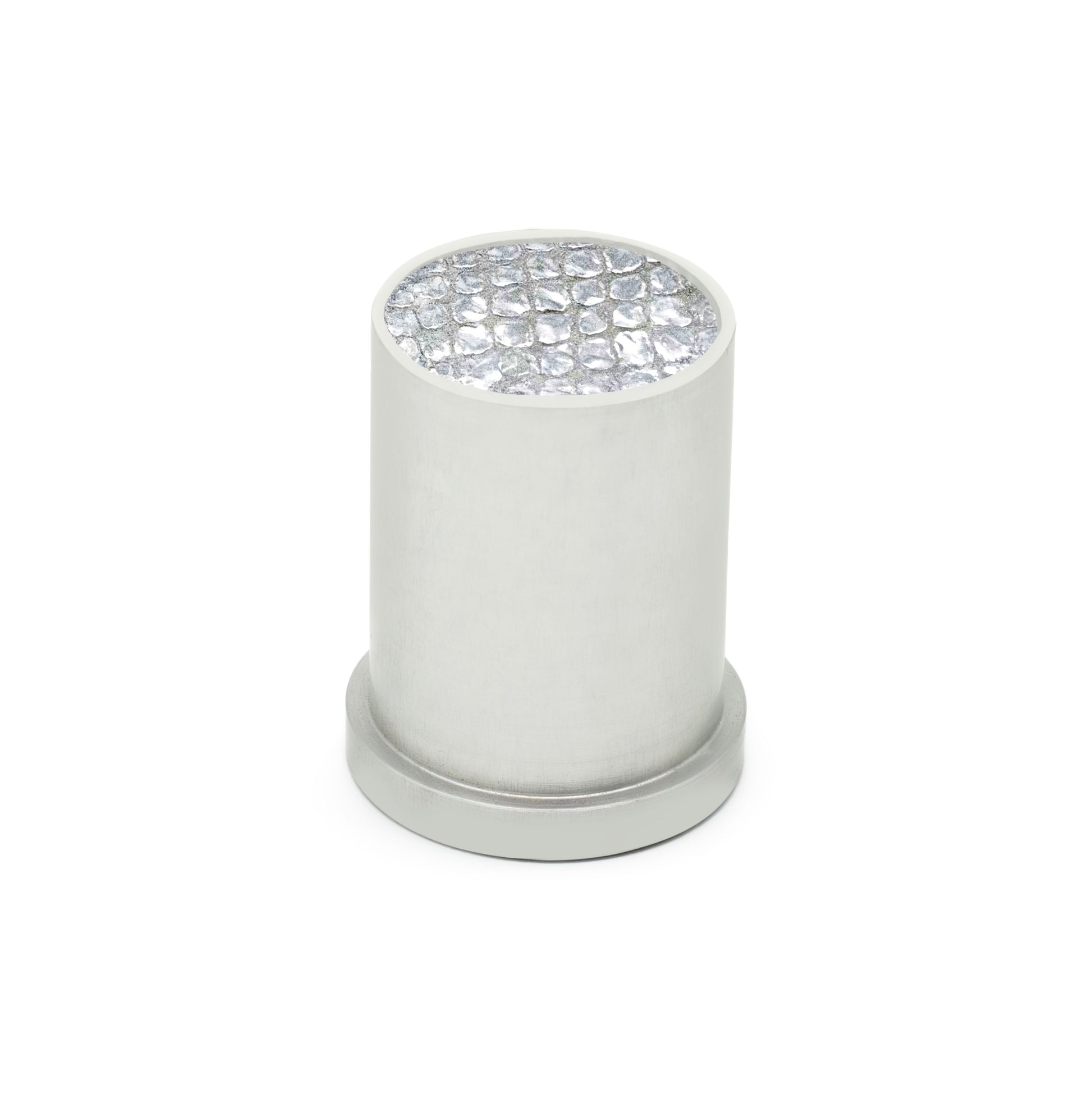 Handcrafted Pillar Insert knob by Di Lusso with satin finish and Silver Patent Snake Leather, luxury hardware made in the USA, perfect for modern, Hollywood Regency, and Art Deco Revival interiors.