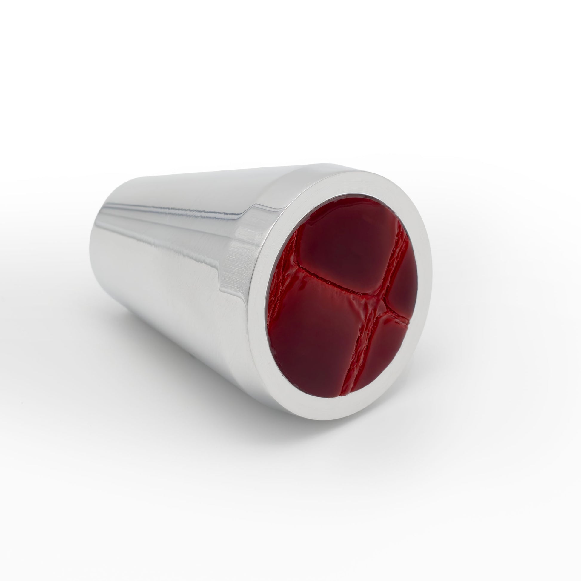 Handcrafted Retro knob by Di Lusso with polished finish and red patent croc leather, luxury hardware made in the USA, perfect for cabinets, drawers, and wardrobes, ideal for contemporary, Art Deco, industrial, eclectic, and modern farmhouse interiors.