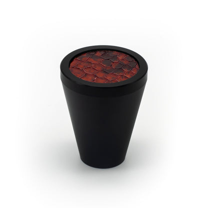 Handcrafted Retro knob by Di Lusso with black finish and red and black snake leather, luxury hardware made in the USA, perfect for cabinets, drawers, and wardrobes, ideal for contemporary, Art Deco, industrial, and eclectic interiors.